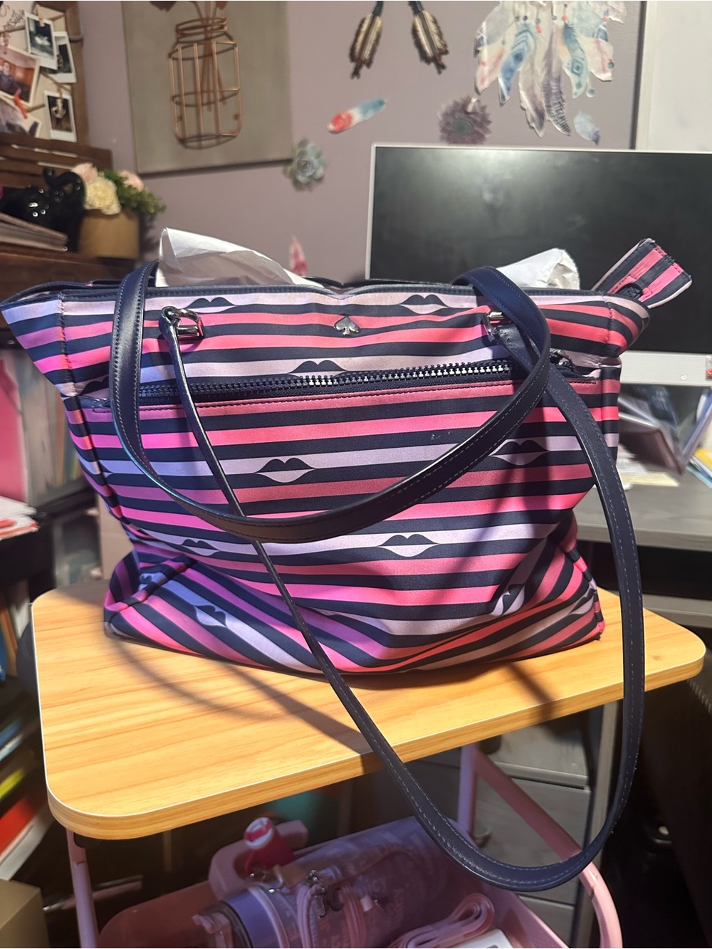 kate spade Pink and Navy Striped Tote with Lip Print